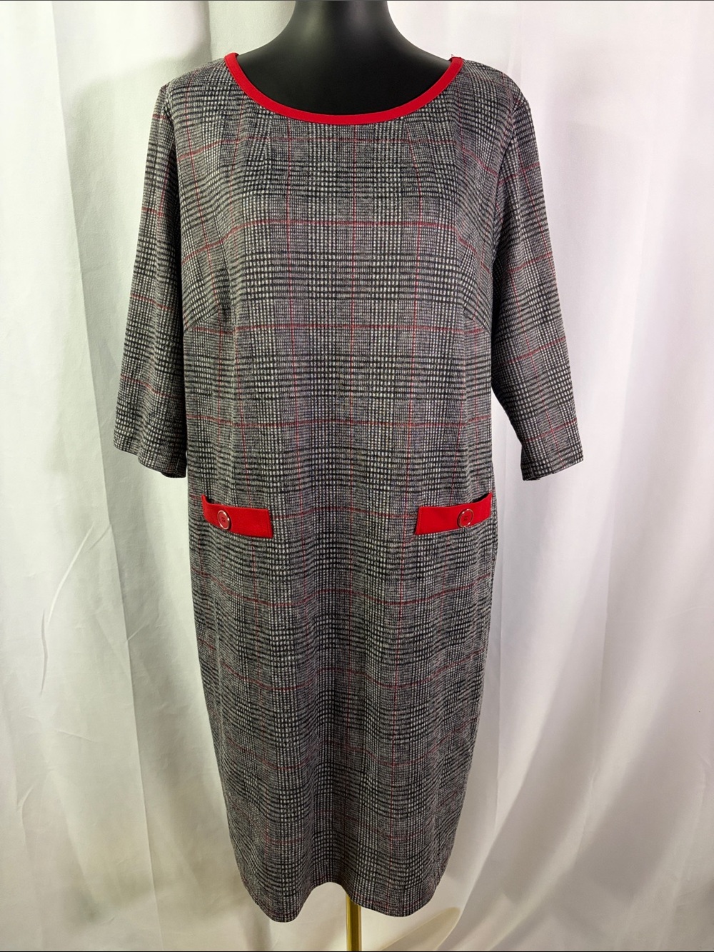 Connected apparel Gray Plaid Shift Dress with Red Trim